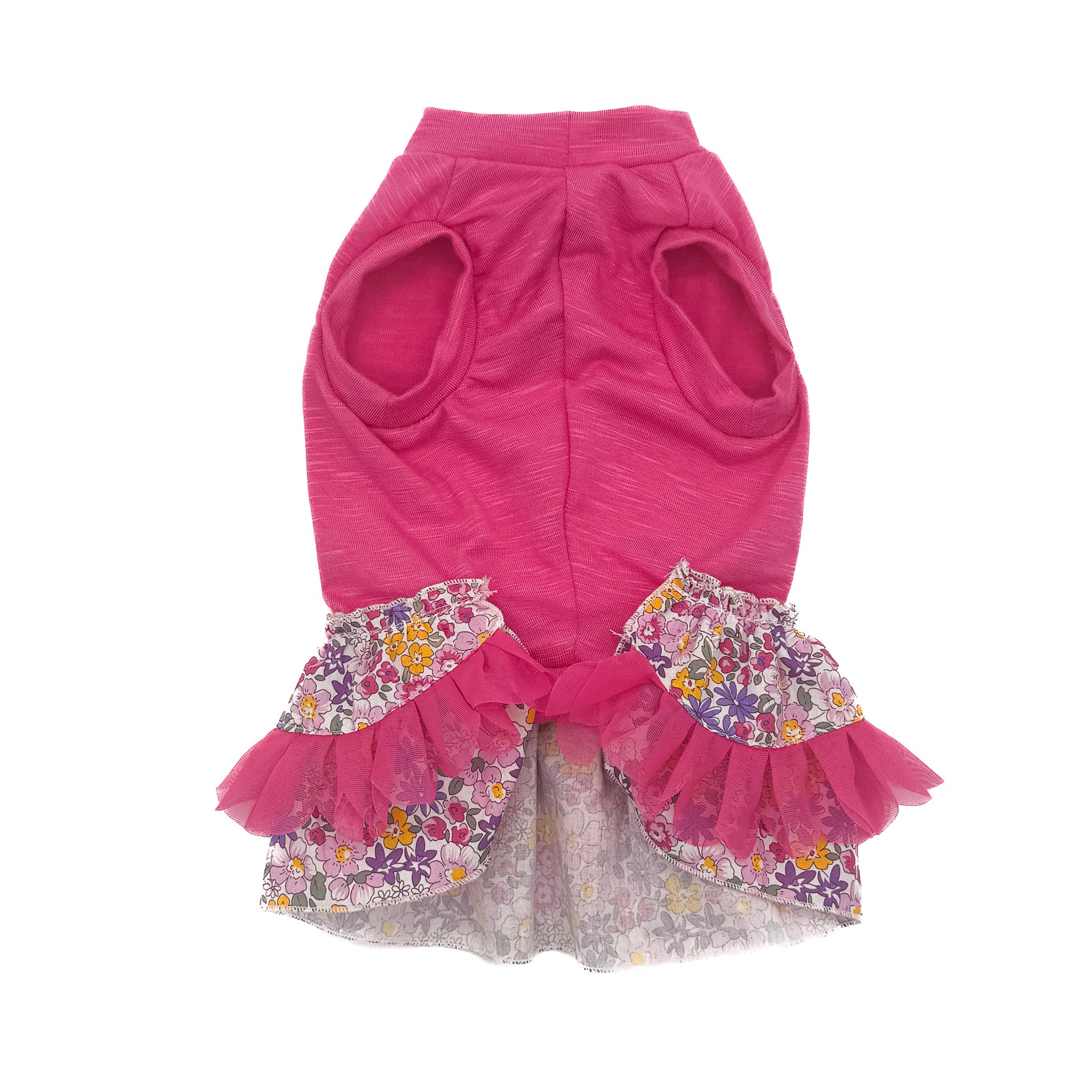 tshirt abito fucsia in viscosa con due balze in tessuto Liberty floreale e passamaneria a petali di fiore