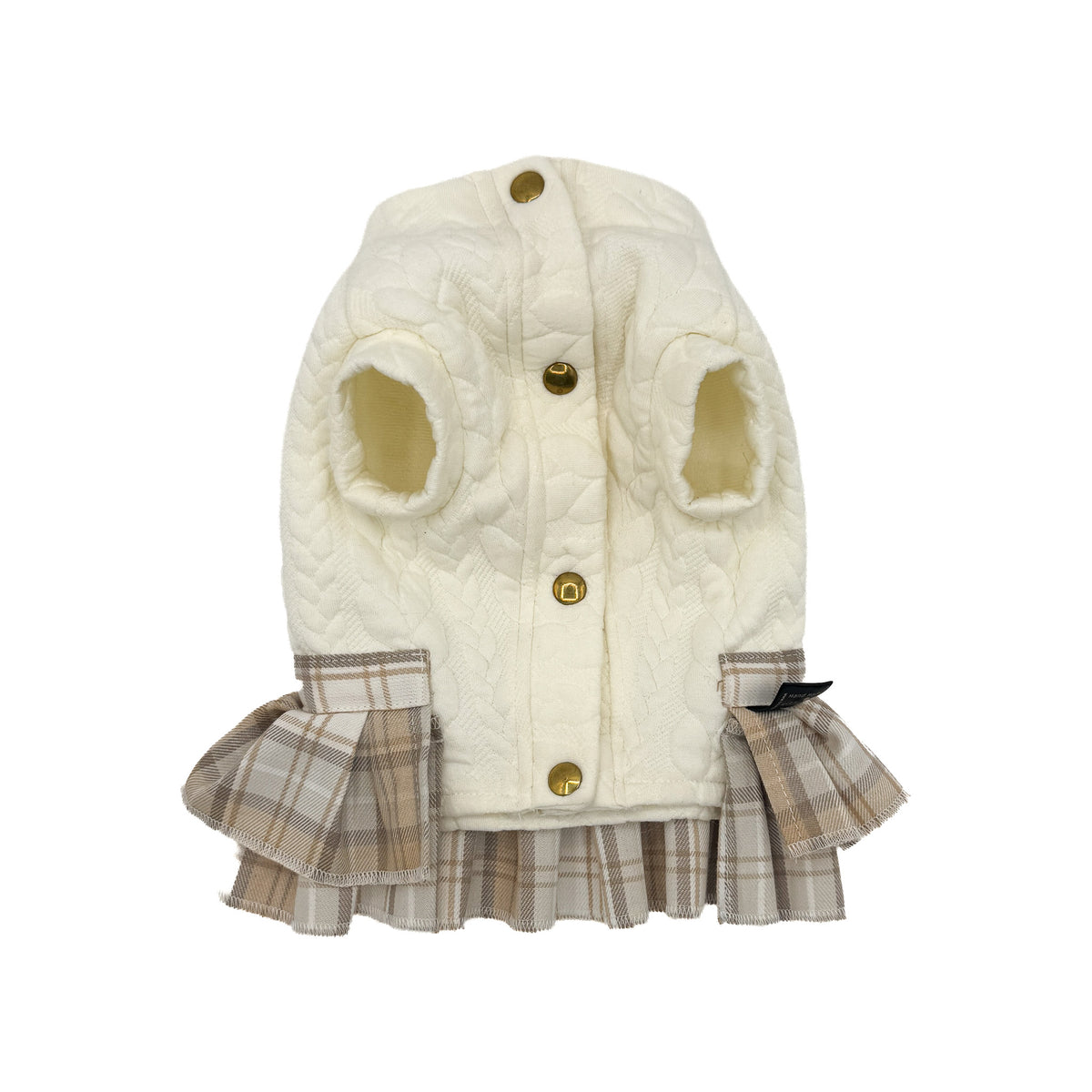 Felpina Agnese per cani piccoli, maglia panna a trecce con gonna scozzese beige plissettata e fiocco in ecopelle, vista frontale still life