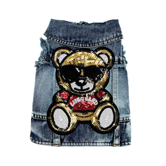 BauJeans BearBoss, gilet in denim con maxi orsetto di paillettes e occhiali da sole