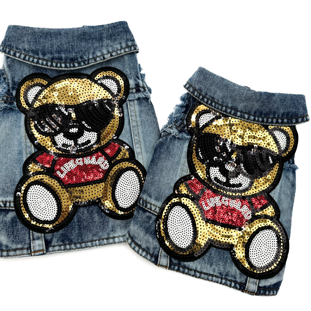 Due BauJeans BearBoss affiancati con l'orsetto di paillettes