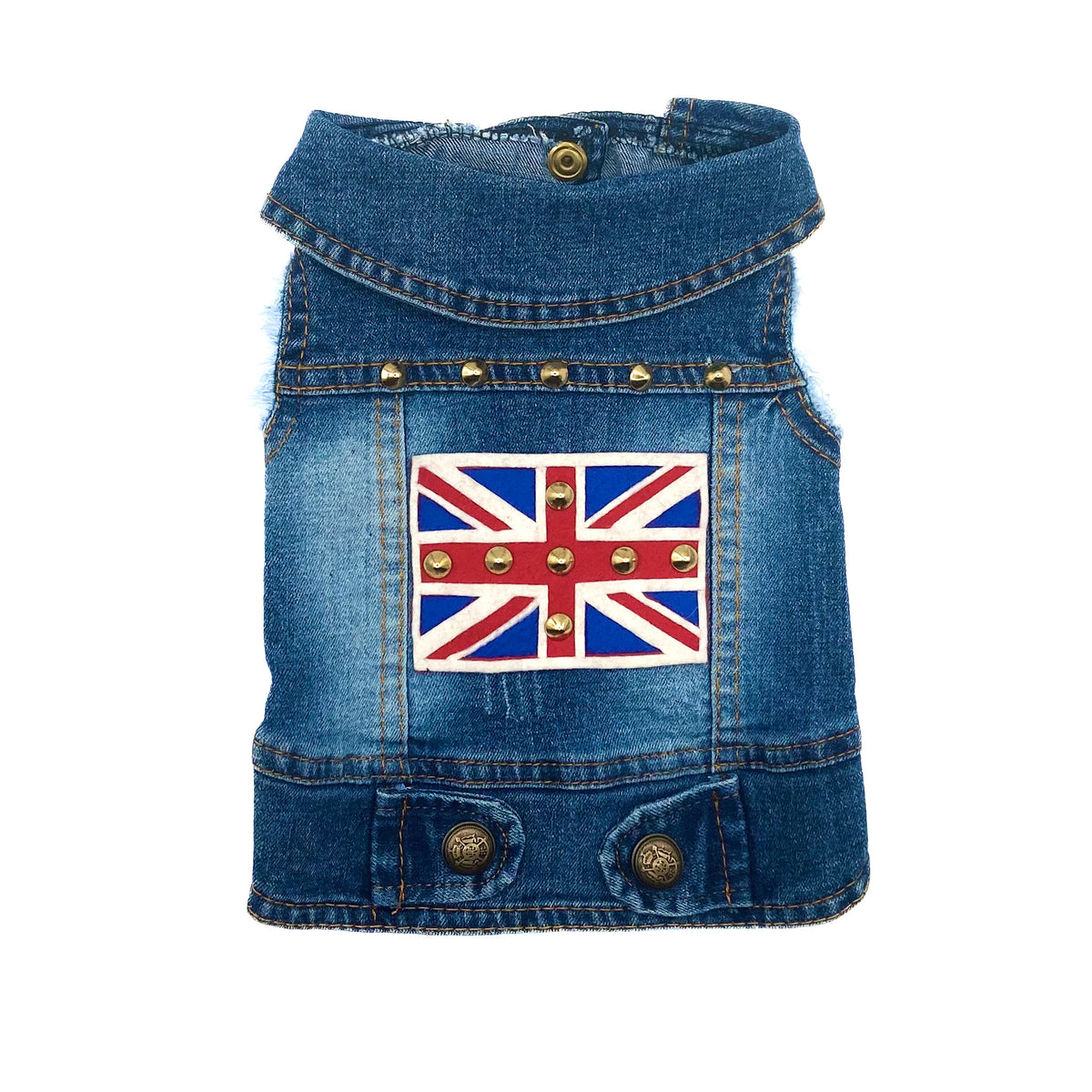 BauJeans Brith, gilet in denim con bandiera inglese e borchie dorate sulla schiena