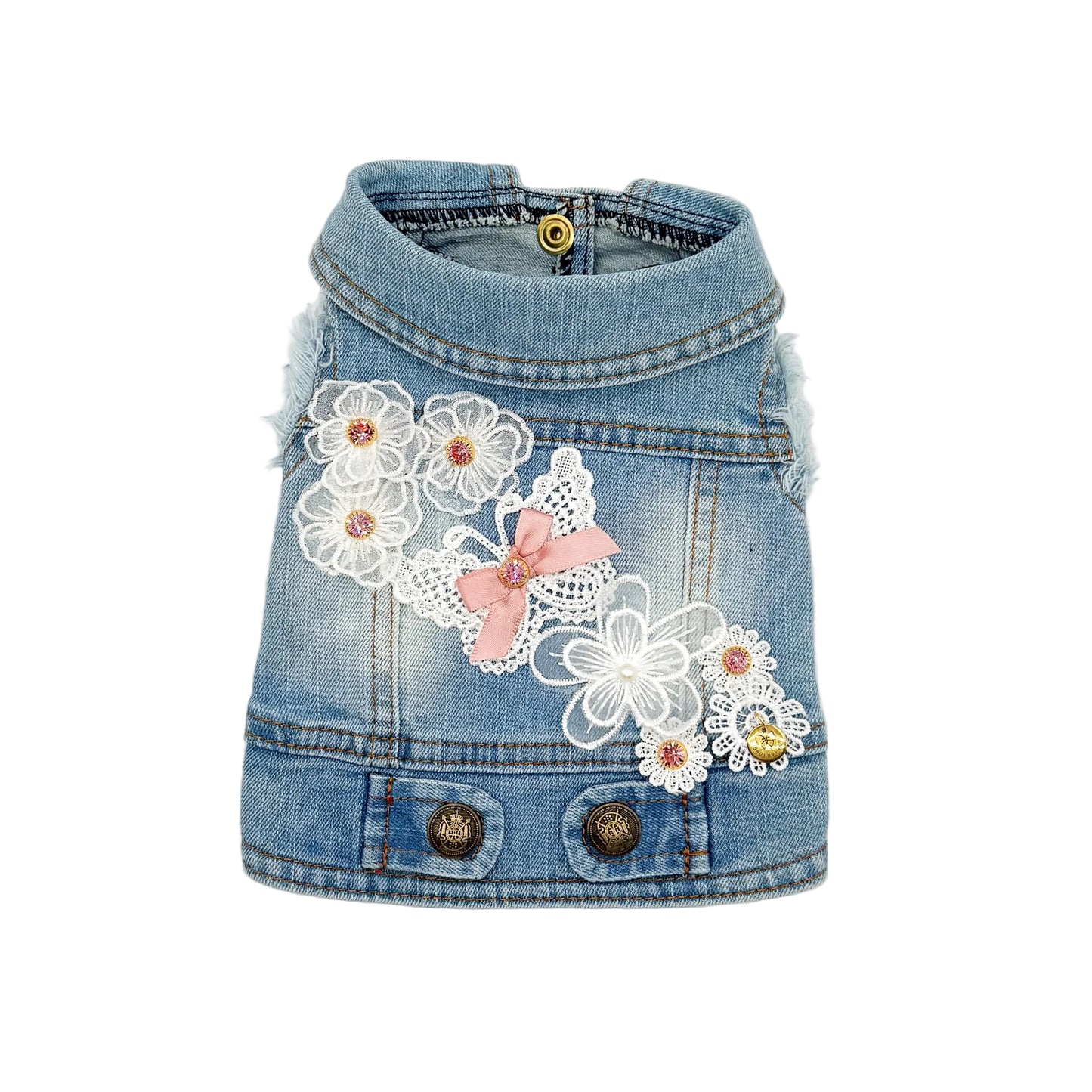 BauJeans Clarisse in jeans chiaro per cani piccoli con ricami in pizzo e macramè