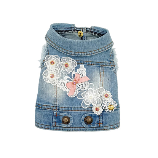 BauJeans Clarisse in jeans chiaro per cani piccoli con ricami in pizzo e macramè