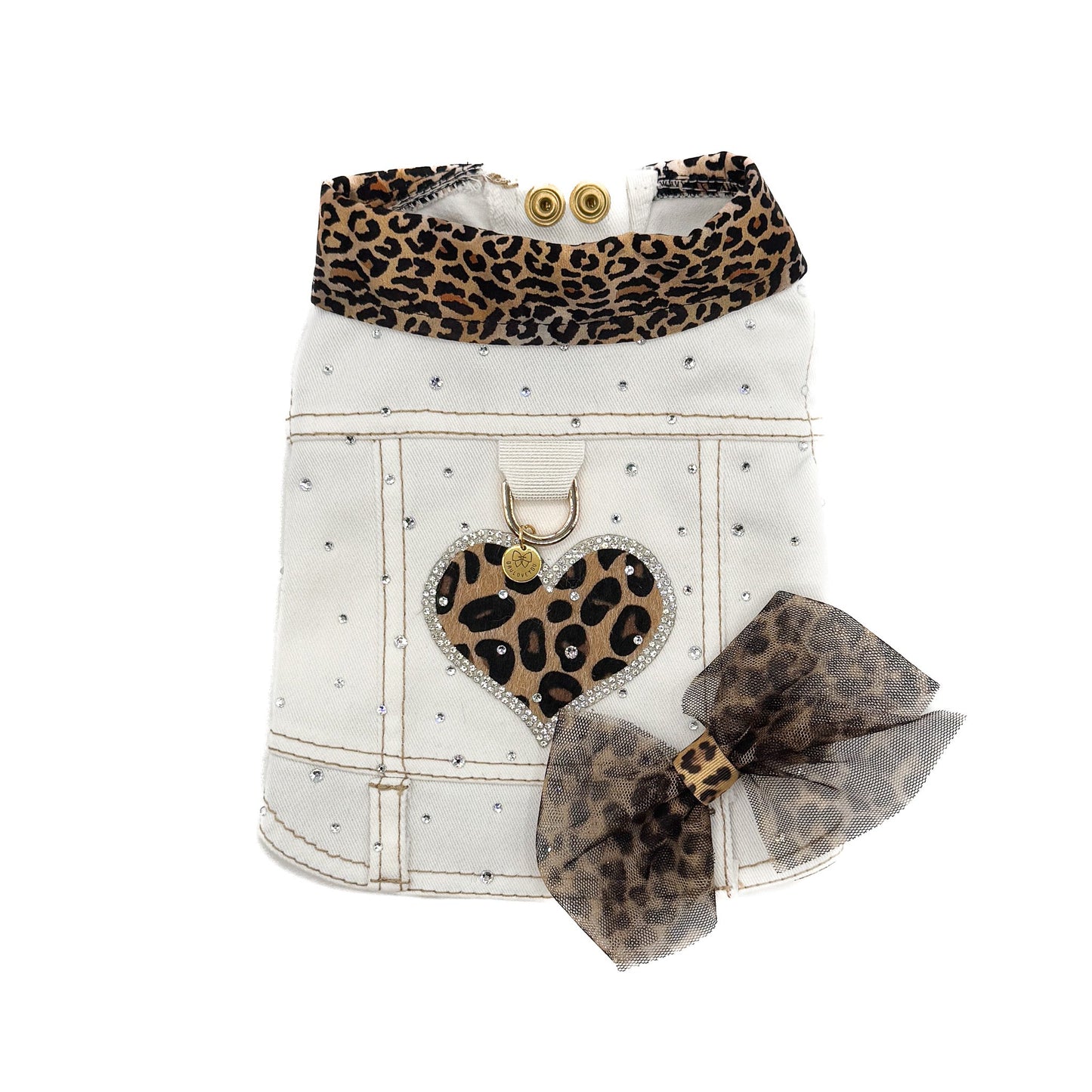 BauJeans Couture Selvaggia in jeans bianco per cani piccoli con cuore maculato e fiocco leopardato