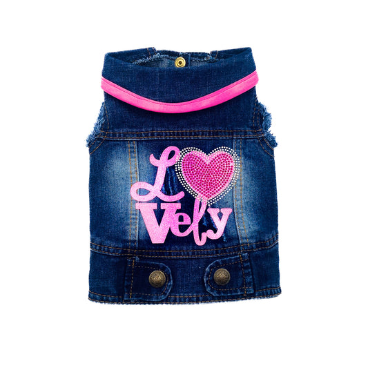BauJeans Lovely, gilet in denim con scritta glitter rosa e cuore di strass fucsia sulla schiena