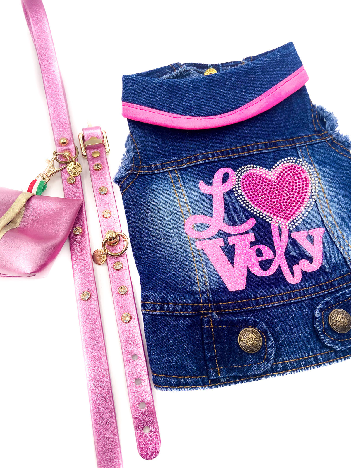 BauJeans Lovely con collare e guinzaglio rosa metallizzato