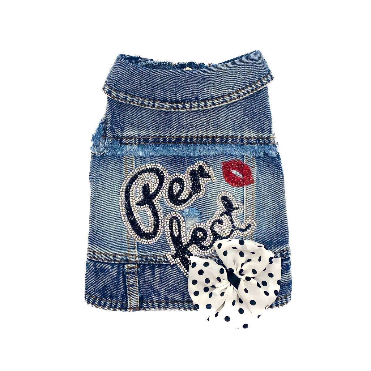BauJeans Perfect, gilet in denim con scritta di strass, bacio rosso e fiocco a pois