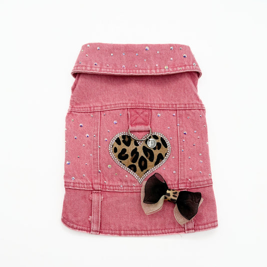 BauJeans Pinky, gilet in denim rosa con cuore maculato di strass e fiocco in organza