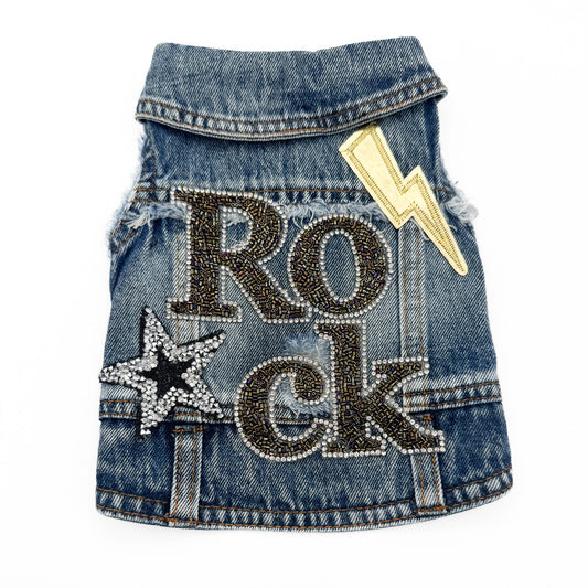 BauJeans Rock, gilet in denim con scritta di microperle, stella di cristalli e saetta oro