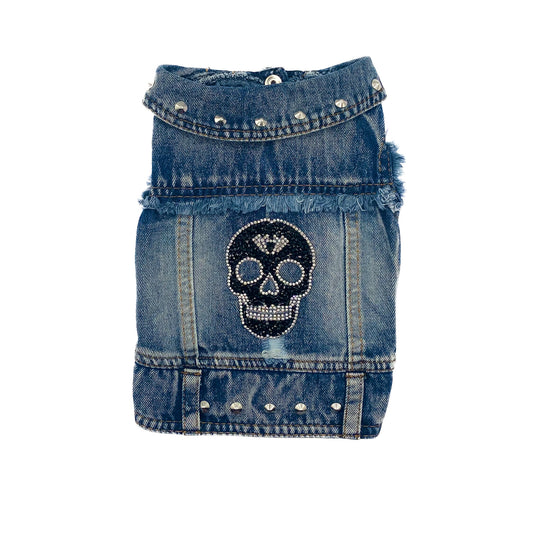 BauJeans Skull blu, gilet in denim con teschio di strass e borchie argento