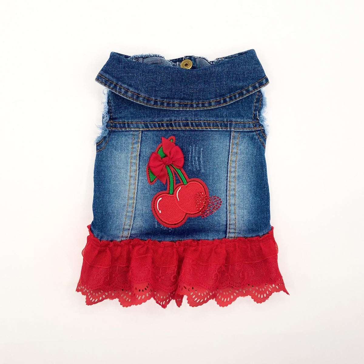 BauJeans Summer con rouche rossa in pizzo, gilet in denim per cani piccoli con ciliegia ricamata sul dorso