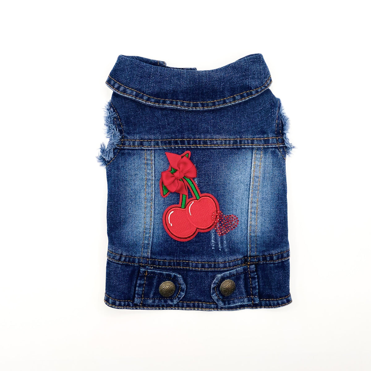 BauJeans Summer senza rouche, gilet in denim vintage per cani piccoli con ciliegia ricamata e cuore di strass