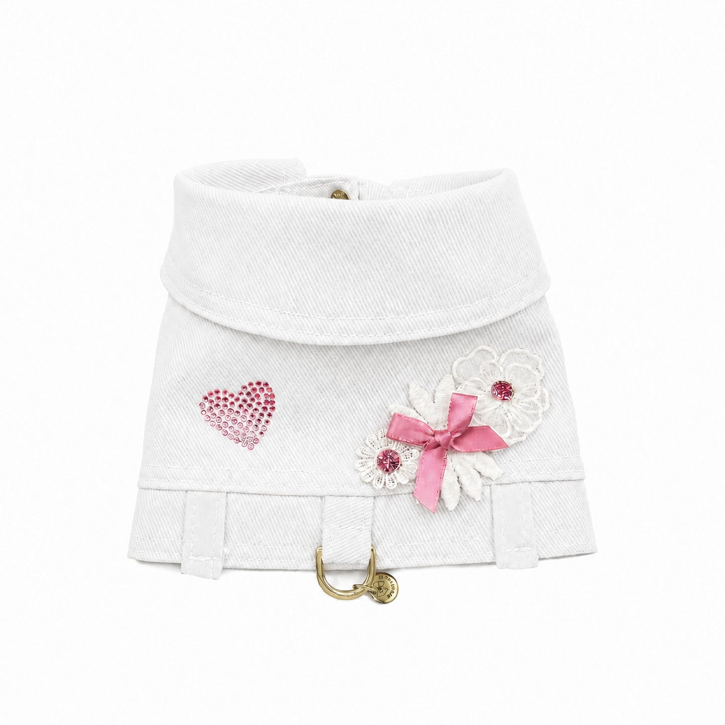 Pettorina Mini BauJeans Jolie in denim bianco con fiori applicati e rivetti in cristallo