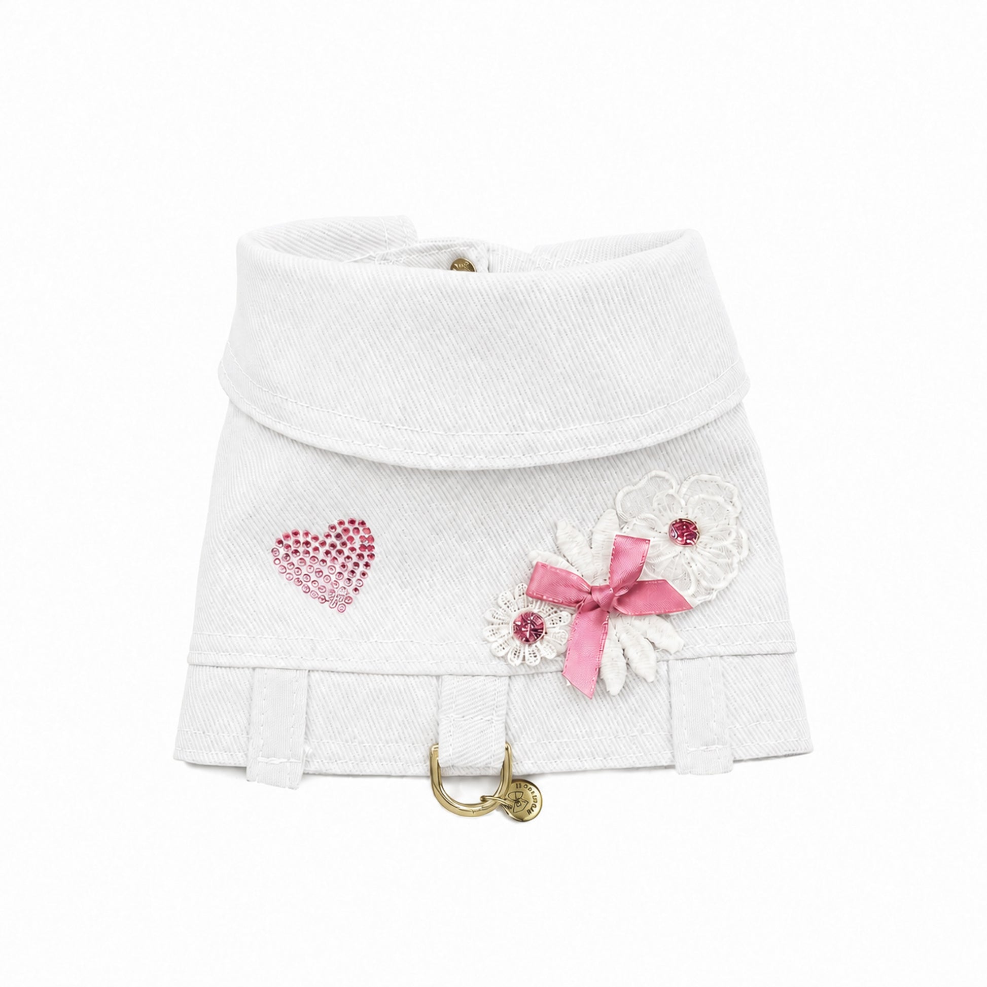 Pettorina Mini BauJeans Jolie in denim bianco con fiori applicati e rivetti in cristallo