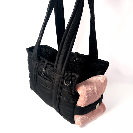 Borsa Puff Bag in microfibra trapuntata nera con cuscino in pelouche rosa