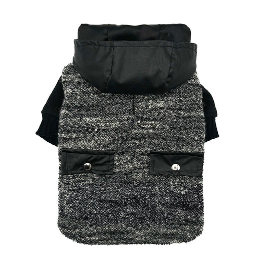 Cappottino Agrifoglio in bouclé grigio sale-pepe con cappuccio in ecopelle e maniche in maglia nera