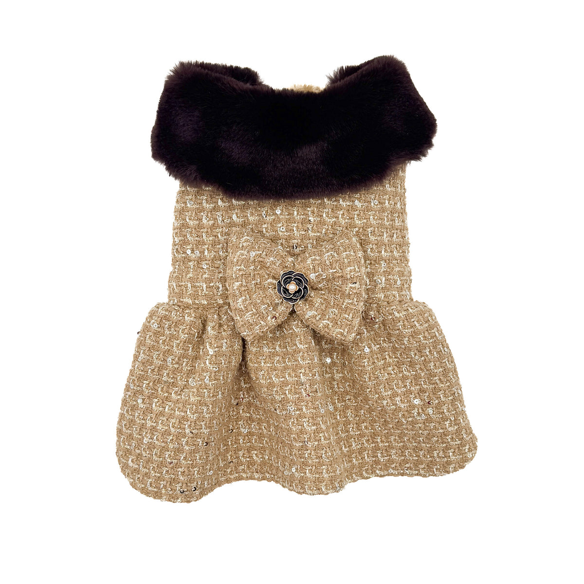 Retro del Cappottino Ambra: gonna arricciata, collo in peluche testa di moro e fiocco con bottone a rosa