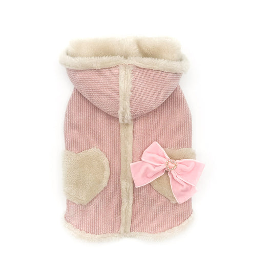Cappottino Anemone in velluto a coste rosa chiaro con taschine a cuore e fiocco