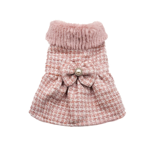 Cappottino Ninfea in tweed pied de poule rosa con gonna arricciata e fiocco con bottone di perle