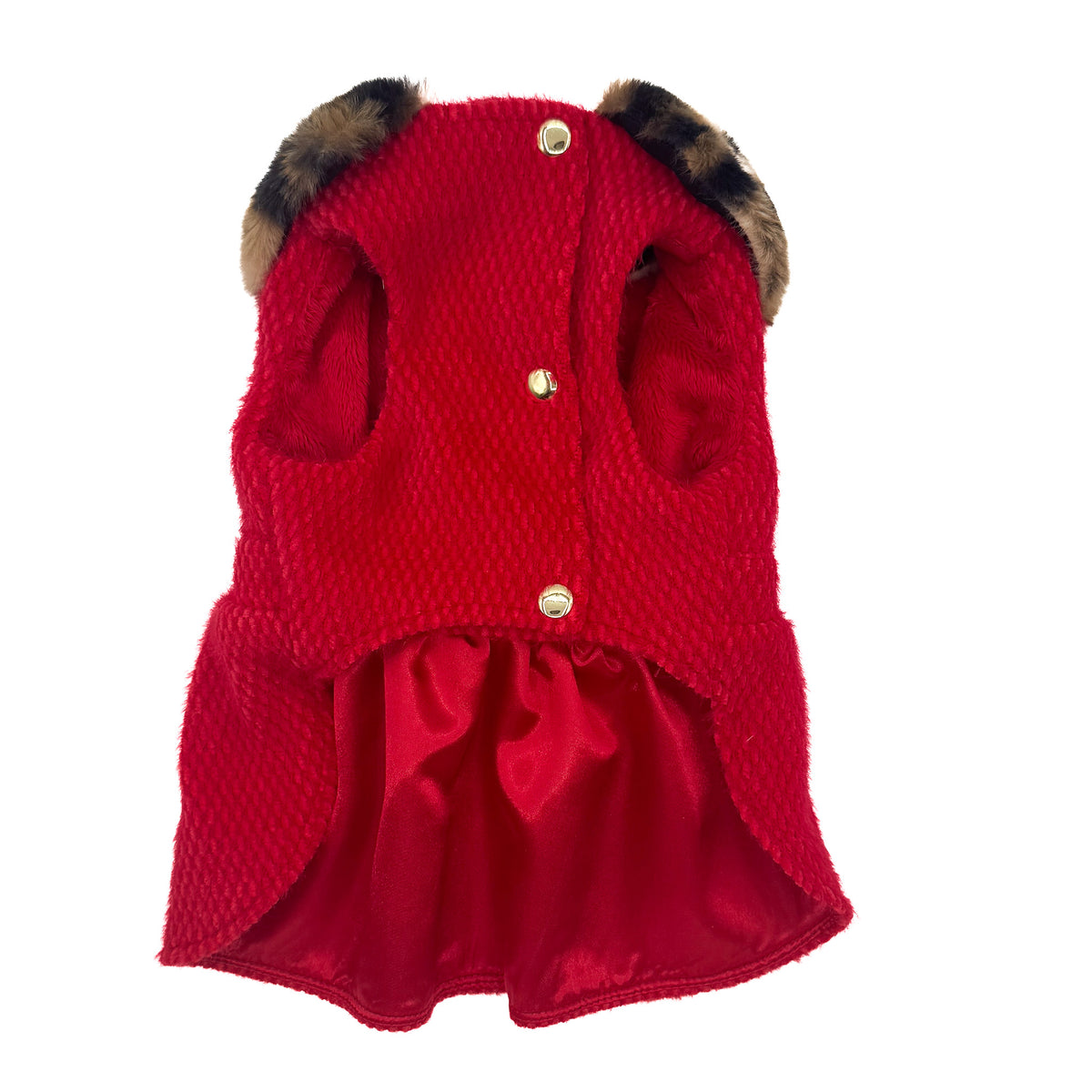 Cappottino Ruby visto sul davanti, con bottoncini a pressione dorati e gonna foderata in rosso