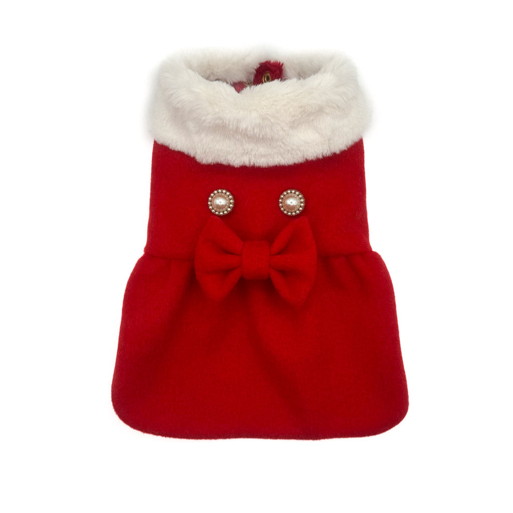 Cappottino Scarlett in pannetto rosso con collo in pelliccetta bianca, fiocco e bottoni con perla