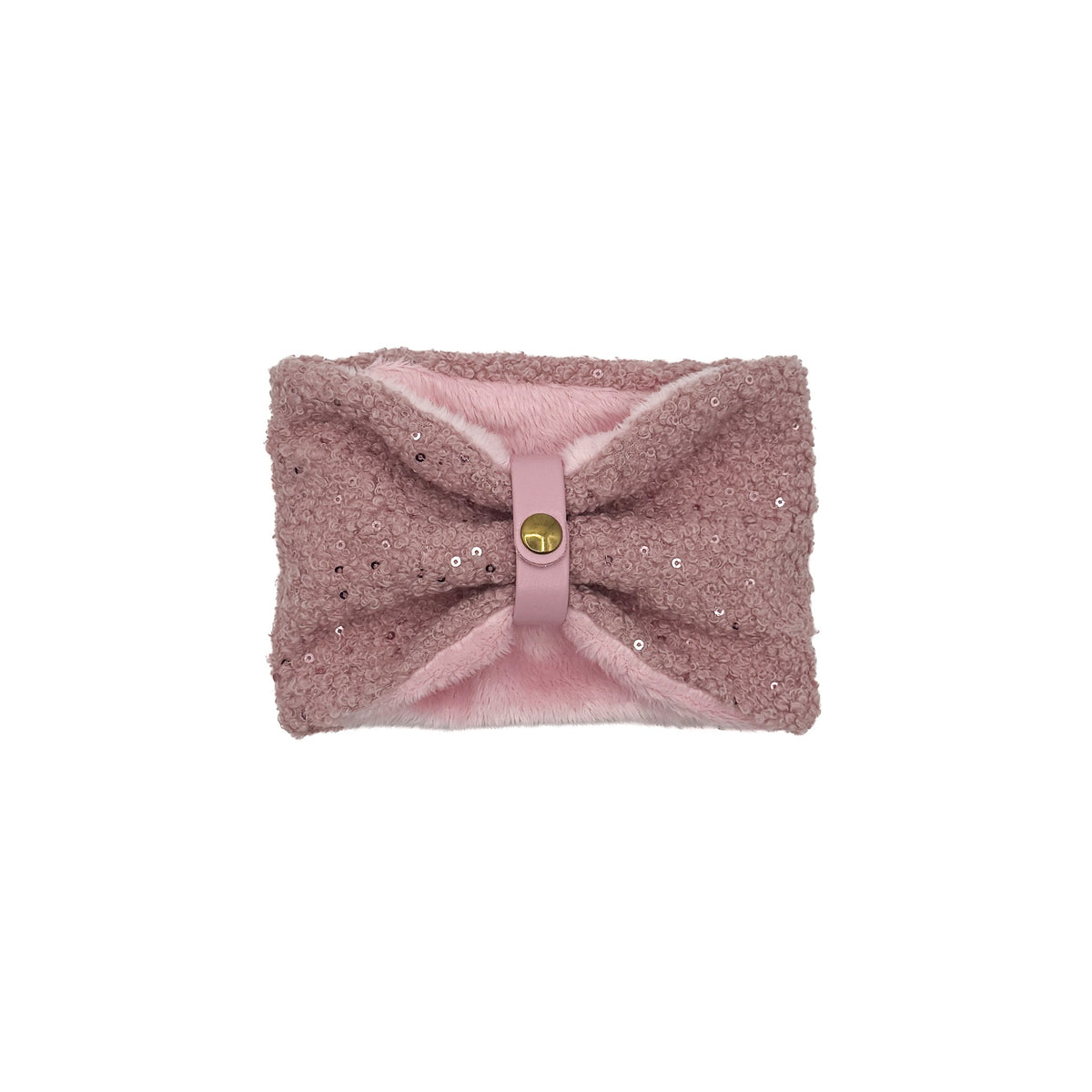 Scaldacollo Cocoon per cani piccoli in bouclé rosa con paillettes e interno in pelliccia rosa, con passante in ecopelle