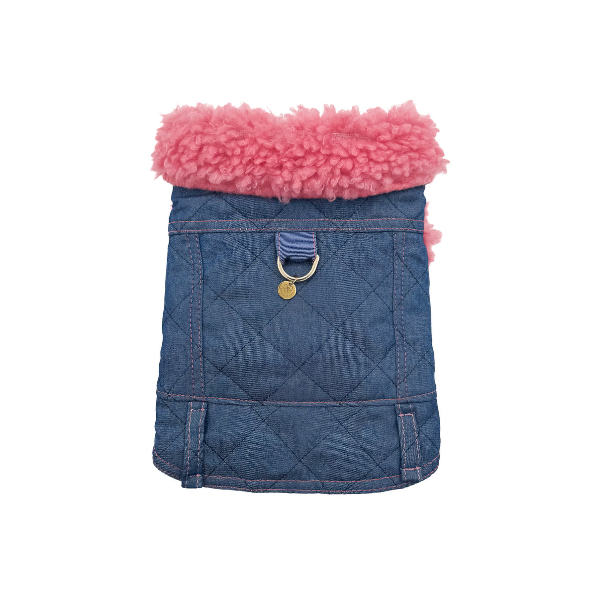 BauJeans Couture Cortina per cani piccoli, denim trapuntato blu aperto con fodera interna in teddy fucsia, vista retro still life