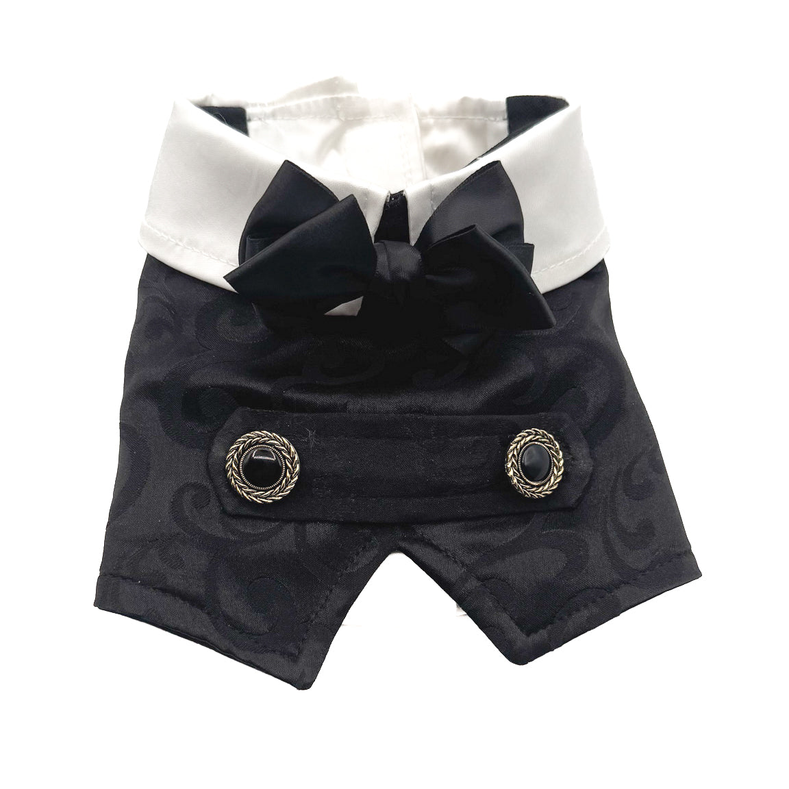 Pettorina Elio in raso jacquard nero con colletto bianco e struttura effetto camicia
