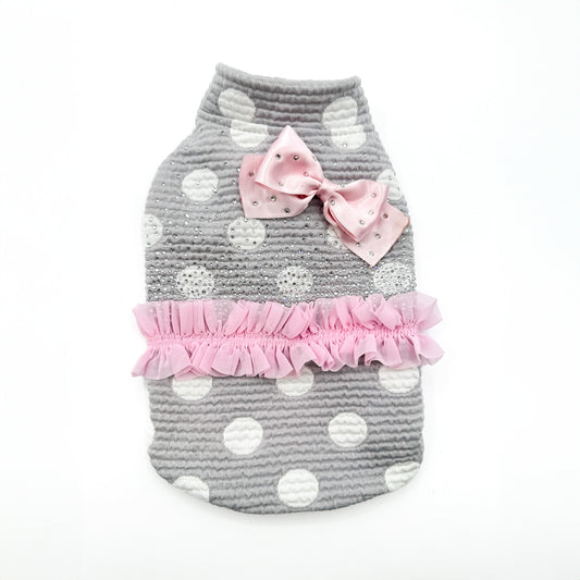 Felpa Gerbera per cani piccoli in misto cotone grigio a pois, con rouche in organza rosa e fiocco rosa