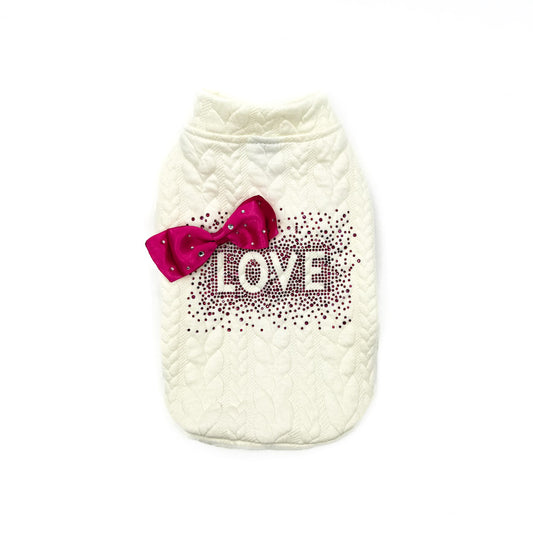 Felpa Narciso per cani piccoli in misto viscosa panna a trecce, con LOVE in cristalli e fiocco fucsia