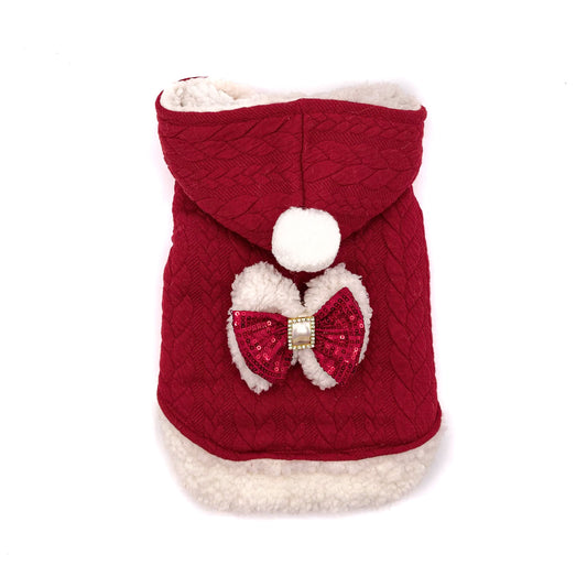 Felpa Teddy Rossa per cani piccoli con cappuccio, ponpon bianco e fiocco in paillettes