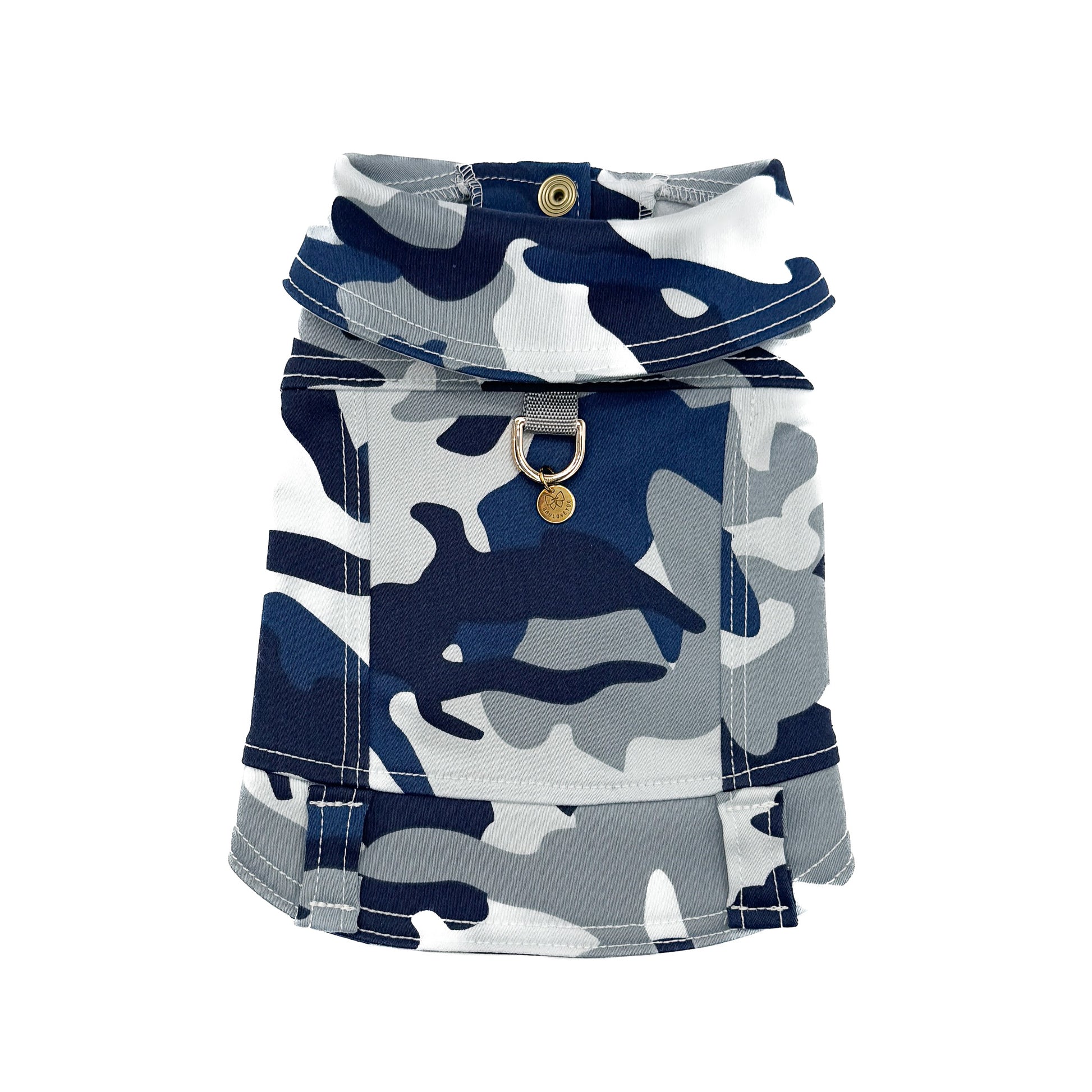 Baujeans Arden camouflage blu per cani piccoli in cotone leggero con anello per guinzaglio