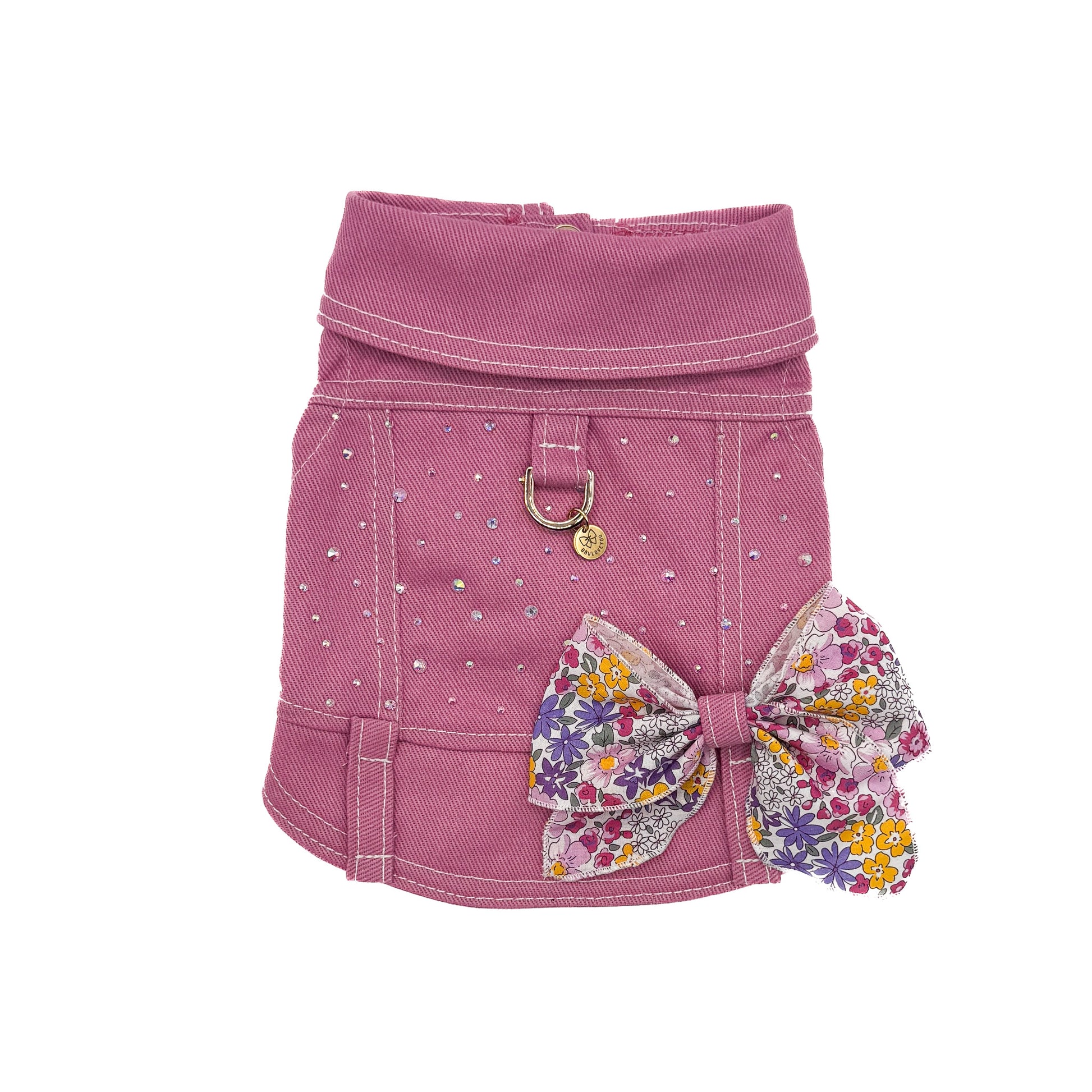 BauJeans Couture Stardust in denim fucsia con cristalli aurora boreale sparsi sul retro e fiocco in raso