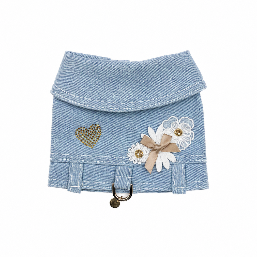 Pettorina Mini BauJeans Jolie in denim classic con fiori applicati e rivetti in cristallo