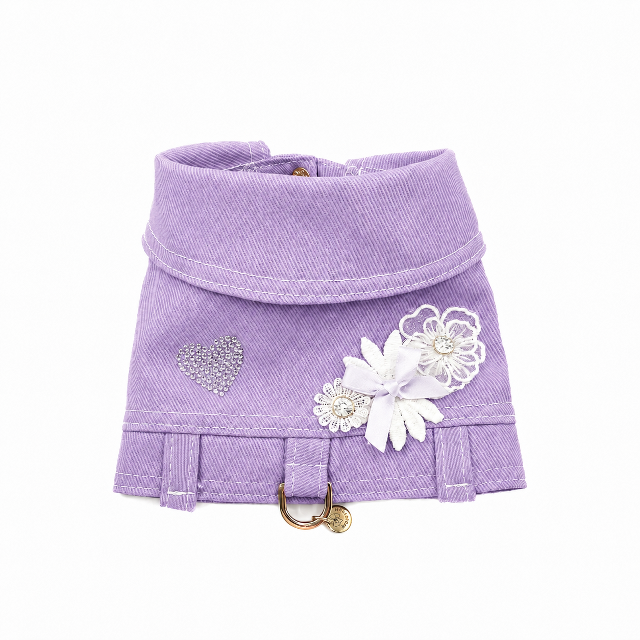 Pettorina Mini BauJeans Jolie in denim lilla con fiori applicati e rivetti in cristallo