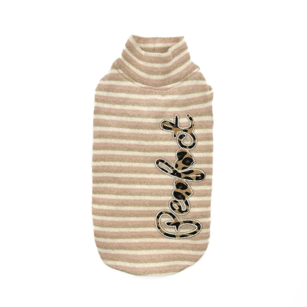 Maglioncino Ixia a righe rosa e beige con patch leopardato per cani piccoli
