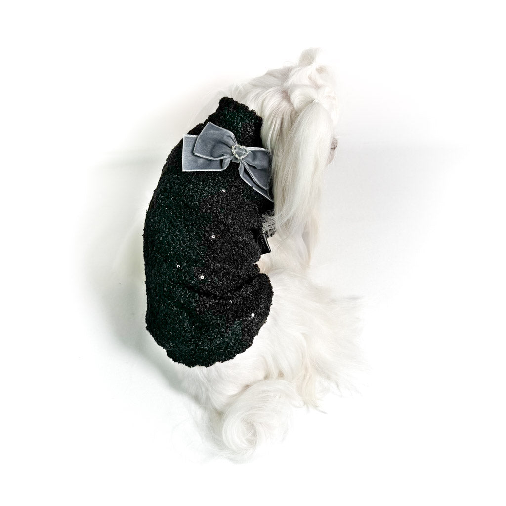 Maltese con il Maglioncino Melissa nero in bouclé con fiocco grigio