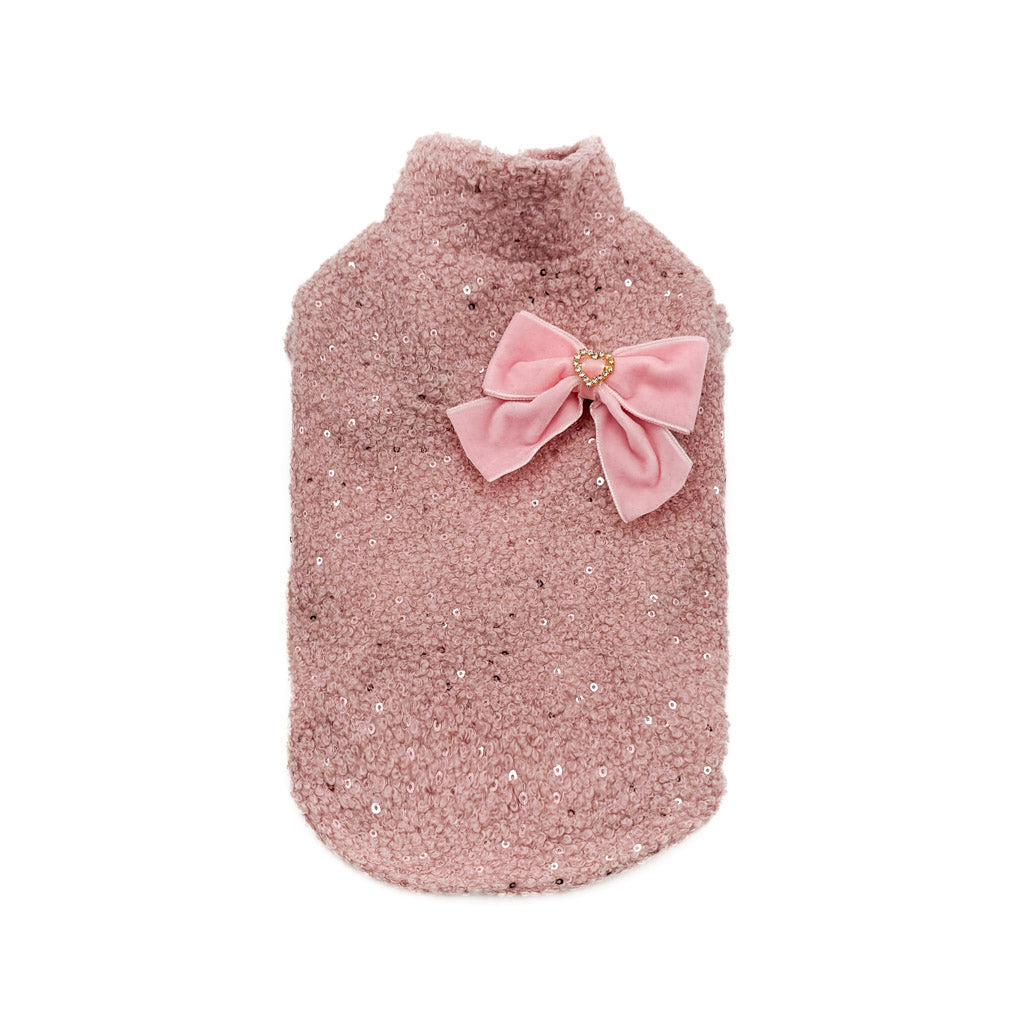 Maglioncino Melissa rosa in bouclé con paillettes e fiocco in velluto