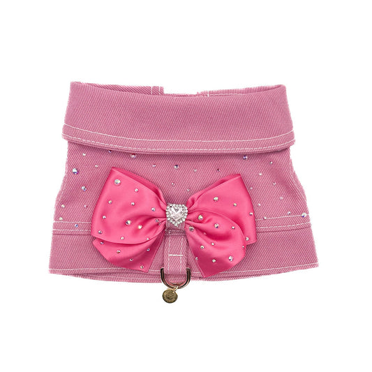 Mini BauJeans Bijoux fuxia, pettorina in denim con fiocco in raso per cani piccoli