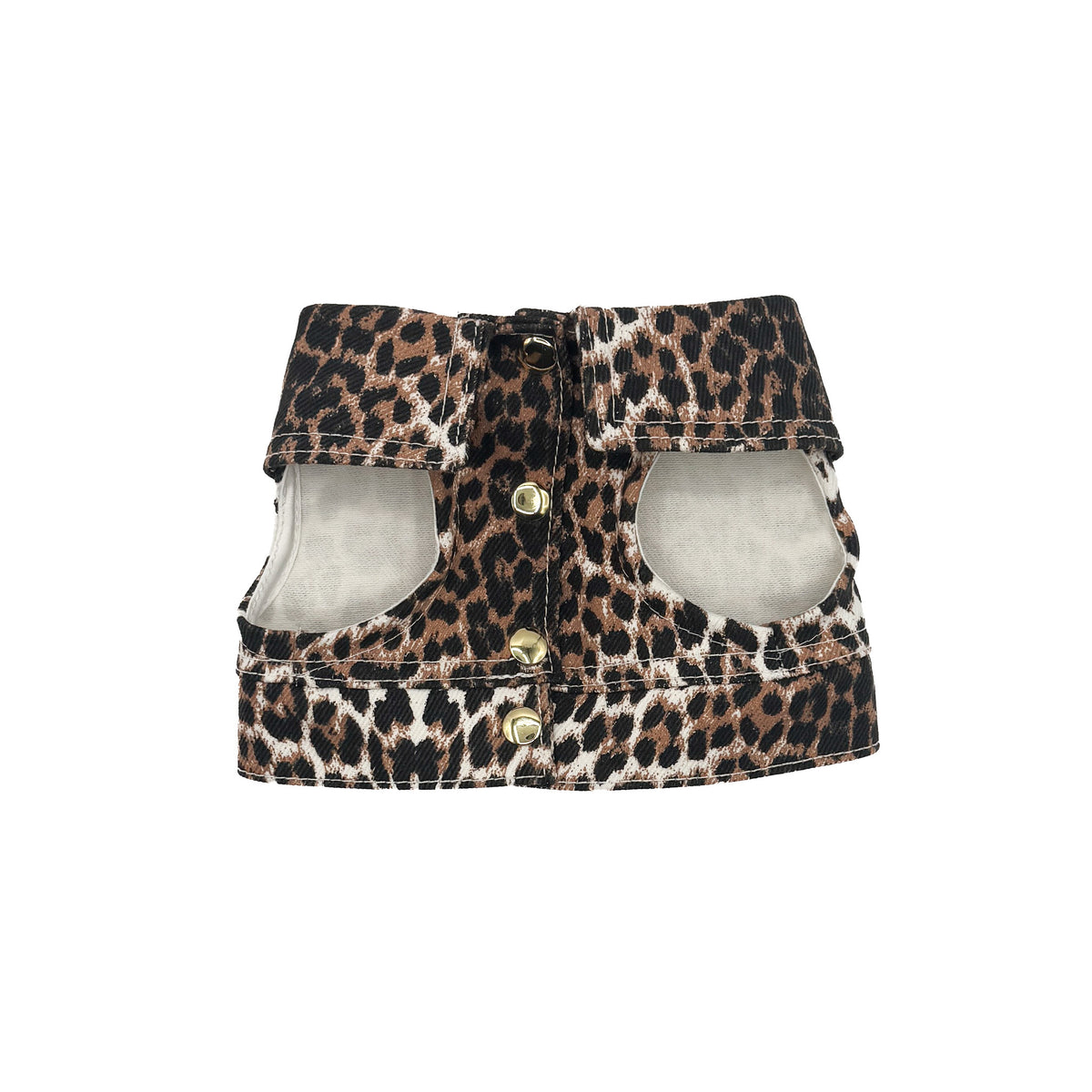Mini BauJeans Diva, pettorina corta in denim leopardato per cani piccoli, chiusura frontale con bottoncini dorati