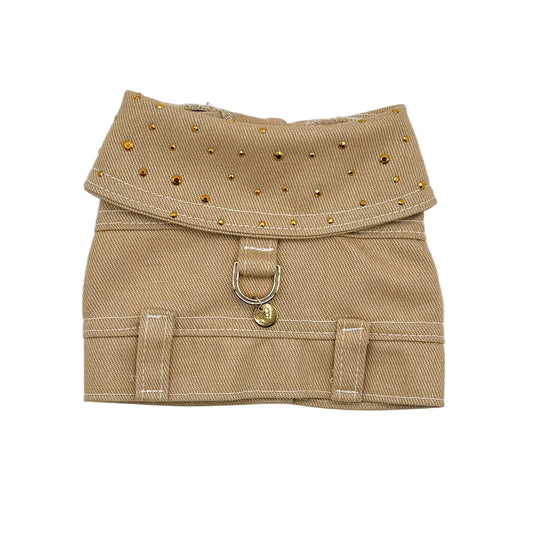 Mini BauJeans Goldie sabbia, pettorina corta in denim con applicazioni oro