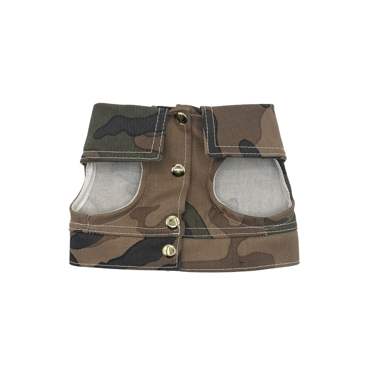 Mini BauJeans Ranger, pettorina corta in denim mimetico per cani piccoli, chiusura frontale con bottoncini dorati
