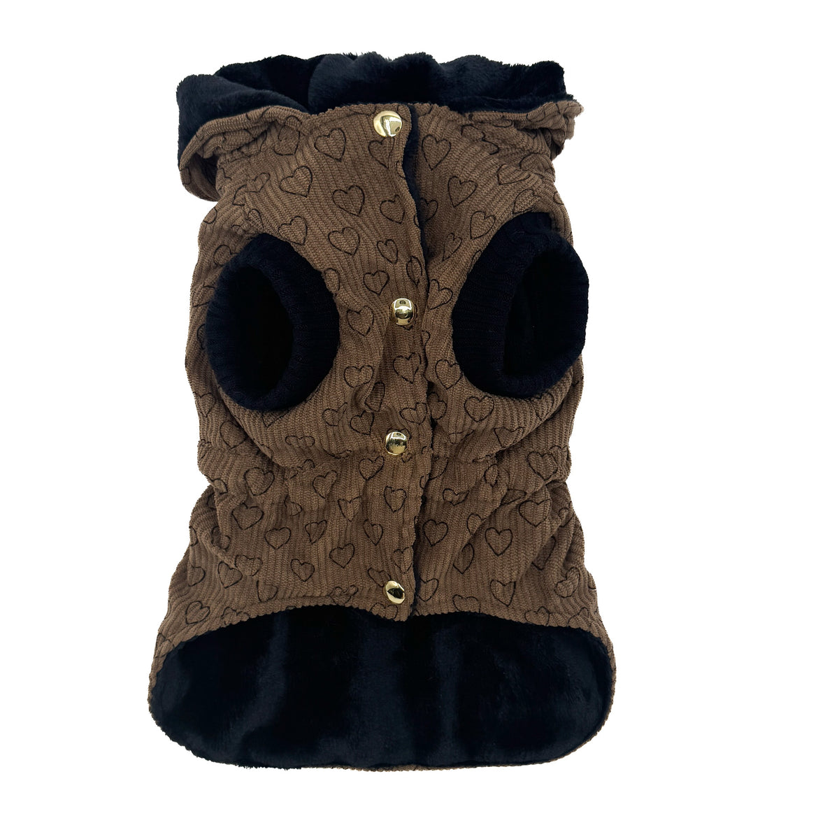 Parka Cuoricini per cani piccoli visto sul davanti, con bottoncini a pressione dorati, maniche in maglia nera e interno in pelliccia nera