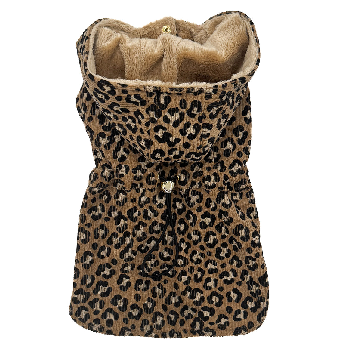 Parka Leopard steso visto dal dorso, con il cappuccio aperto sull'interno in pelliccia caramello e la coulisse con fermo dorato