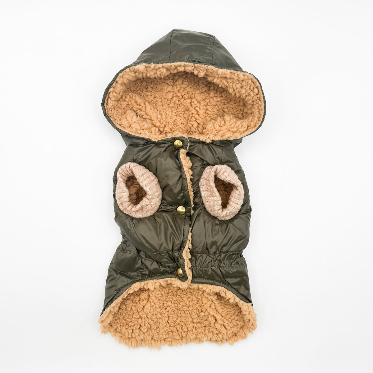 Parka verde oliva per cani piccoli visto davanti, con cappuccio in teddy caramello e maniche corte in maglia caramello