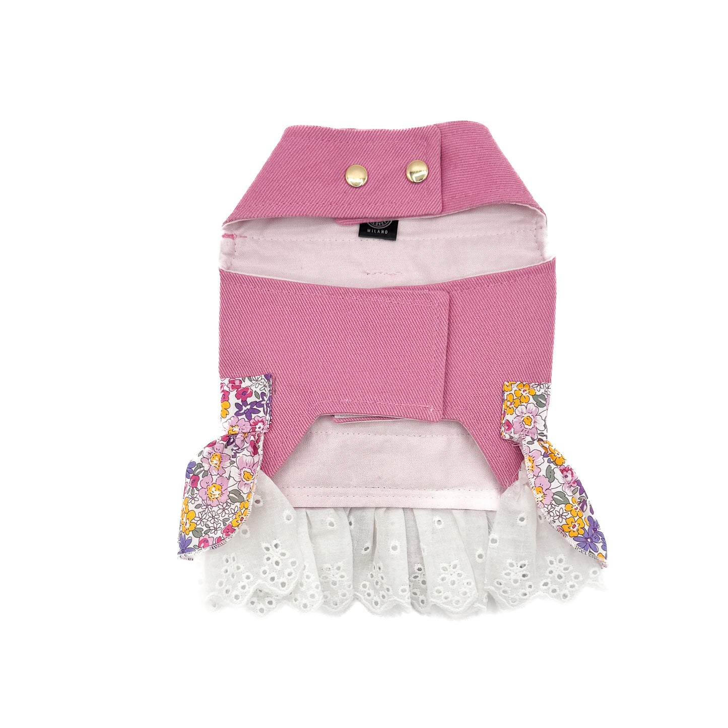 Fronte della Pettorina Bloom fucsia con bottoncini al collo e chiusura a velcro sulla pancia