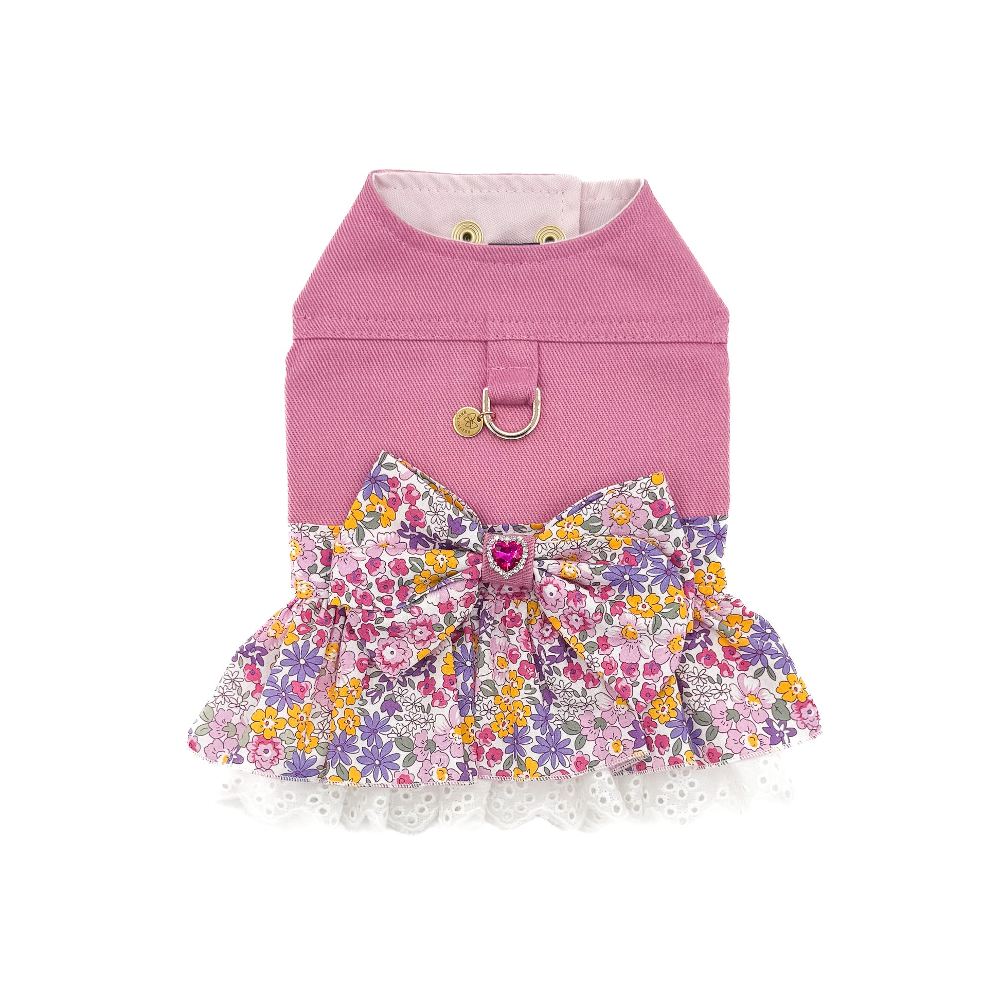 Pettorina ad abito Bloom in denim con ruche finali in sangallo e tessuto Liberty fucsia per cani piccoli