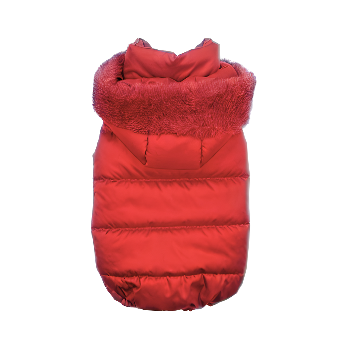 Piumino Abbraccio rosso trapuntato con cappuccio bordato in peluche rosso