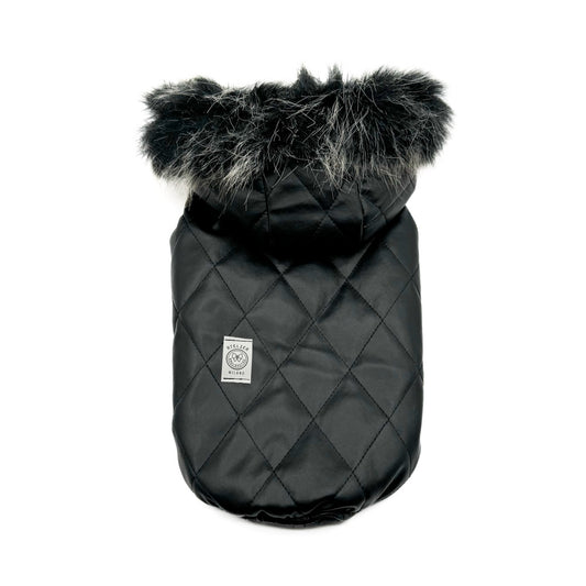 Piumino Aneto in ecopelle nera trapuntata a rombi con cappuccio in peluche nero e grigio