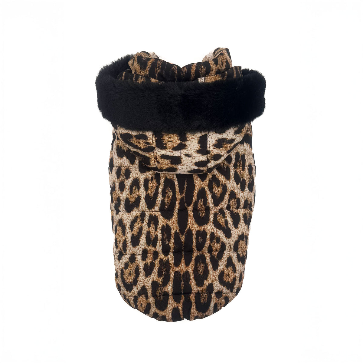 Piumino Leopard in microfibra impermeabile con stampa animalier, visto da dietro con cappuccio bordato in peluche nero